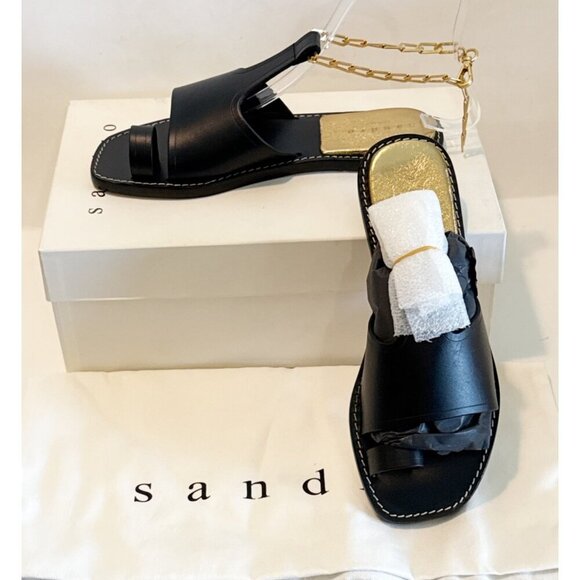 Sandro Noir Parma Flat Sandals Chain Ankle Black Leather Open Toe Size 5.5 INB - Picture 8 of 9